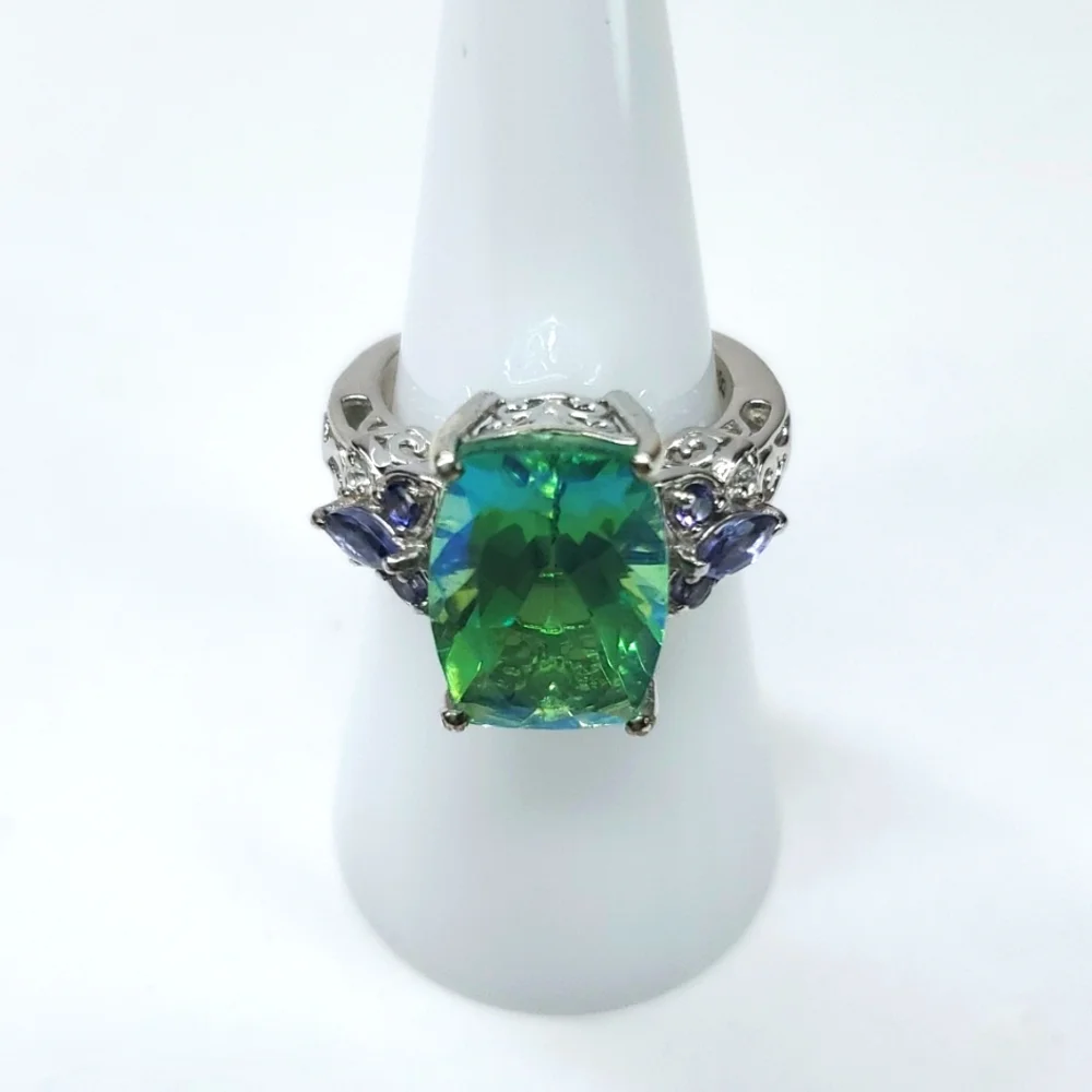 Peacock Triplet Quartz Butterfly Tanzanite Ring Platinum Sterling Silver